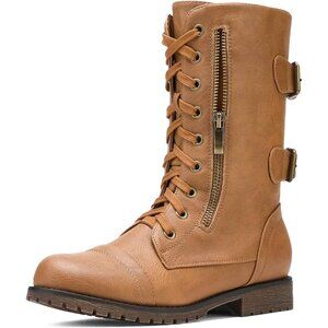 Women’s Camel Mid Calf Military Combat Boots  Built-in Wallet Pocket Lace-up